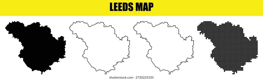 Conjunto de gráficos de Vector de silueta de mapa de Leeds. Colección del esquema del mapa de la ciudad de West Yorkshire. Iconos del límite de la ciudad británica. Fronteras del área de Leeds. Inglaterra Formas de geografía urbana Elementos de diseño.