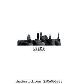 Panorama de Leeds, insignia de Vector, logotipo del horizonte e ícono. Reino Unido, Inglaterra, Logotipo del horizonte de la ciudad de West Yorkshire con Lugares famosos y siluetas de construcción. Gráfico de gradiente abstracto brumoso aislado