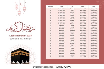 Leeds Ramadan 2023 Calendar. Vector File Print Ready. Translation: Happy Ramadan, Ramadan Greetings.