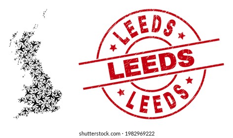 Sello de goma de plomo y mosaico cartográfico de elementos de la fuerza aérea en Gran Bretaña. Mapa del Collage de Gran Bretaña diseñado con aerolíneas. Sello rojo con etiqueta Leeds y textura de caucho de socorro.