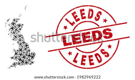 Leeds rubber seal stamp, and Great Britain map mosaic of air force elements. Collage Great Britain map designed with airliners. Red stamp with Leeds tag, and distress rubber texture.