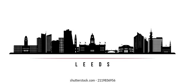 Leeds skyline horizontal banner. Black and white silhouette of Leeds, UK. Vector template for your design. 