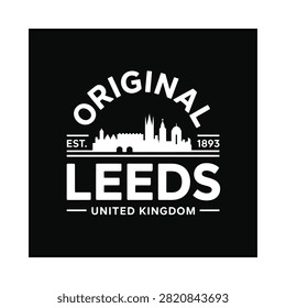 Leeds skyline illustration with text on black background
