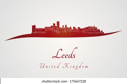 Leeds skyline in red and gray background in editable vector file