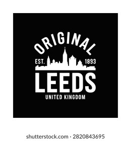 Leeds Skyline Silhouette With Text White On Black Background