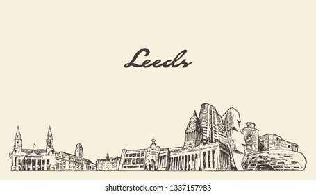 Leeds skyline, West Yorkshire, England, hand drawn vector illustration, sketch