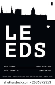 Leeds typography minimalist vector poster for national event, cultural festival, independence day, holiday layout. Brochure, leaflet, flyer, presentation image template for England, UK city