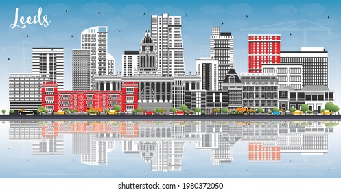 Leeds UK City Skyline with Color Buildings, Blue Sky and Reflections. Vector Illustration. Leeds Yorkshire Cityscape with Landmarks. Business Travel and Tourism Concept with Historic Architecture.