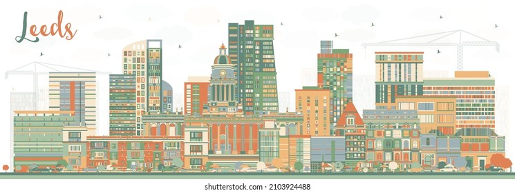 Leeds UK City Skyline with Color Buildings. Vector Illustration. Leeds Yorkshire Cityscape with Landmarks. Business Travel and Tourism Concept with Historic Architecture.