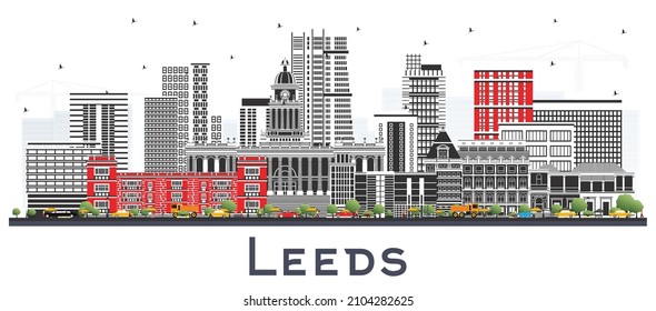 Leeds UK City Skyline with Color Buildings Isolated on White. Vector Illustration. Leeds Yorkshire Cityscape with Landmarks. Business Travel and Tourism Concept with Historic Architecture.