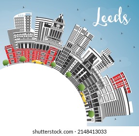 Leeds UK City Skyline with Color Buildings, Blue Sky and Copy Space. Vector Illustration. Leeds Yorkshire Cityscape with Landmarks. Business Travel and Tourism Concept with Historic Architecture.