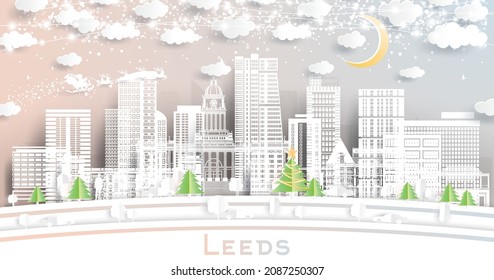 Leeds UK City Skyline in Paper Cut Style with Snowflakes, Moon and Neon Garland. Vector Illustration. Christmas and New Year Concept. Santa Claus on Sleigh. Leeds Cityscape with Landmarks.