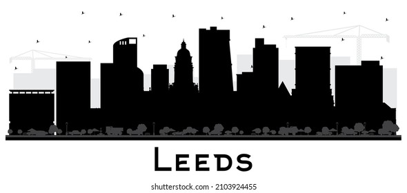 Leeds UK City Skyline Silhouette with Black Buildings Isolated on White. Vector Illustration. Leeds Yorkshire Cityscape with Landmarks. Business Travel and Tourism Concept with Historic Architecture.