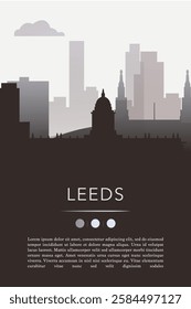 Leeds UK city template for website, presentation, front page, invitation, publication sheet with skyline, landmarks. Vector England, United Kingdom image layout, simple and grayscale