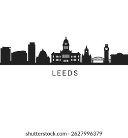 Leeds with UK skyline Black silhouette Landmark.