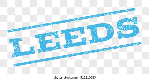 Leeds watermark stamp. Text caption between parallel lines with grunge design style. Rubber seal stamp with unclean texture. Vector light blue color ink imprint on a chess transparent background.
