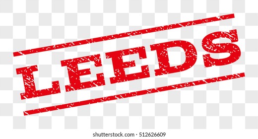 Leeds watermark stamp. Text caption between parallel lines with grunge design style. Rubber seal stamp with unclean texture. Vector red color ink imprint on a chess transparent background.