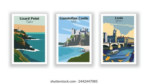 Leeds, Yorkshire. Lizard Point, England. Llansteffan Castle, Wales - Set of 3 Vintage Travel Posters. Vector illustration. High Quality Prints