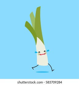 leek with cute face. Illustration funny and healthy food cartoon. Blue background
