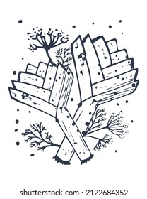 Leek with dill leaves. Hand drawn in vintage style. Flat vector illustration. EPS10