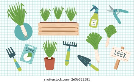 Leek gardening cliparts isolated on checkered background. Leek vegetable. Gardening concept. Leek and equipment for planting vegetables. Vector hand drawn illustration.