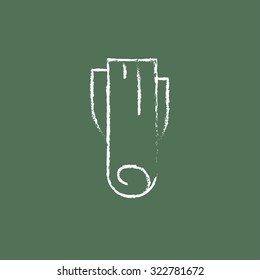 Leek hand drawn in chalk on a blackboard vector white icon isolated on a green background.