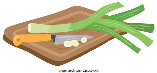 Leek is lying on a cutting board with a knife. Hand drawn vector illustration. Suitable for website, stickers, postcards, menu.