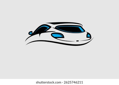 schlankes und modernes Auto-Logo-Design mit klaren Linien und blauen Akzenten, die Geschwindigkeit, Leistung und Automobil-Innovation symbolisieren.