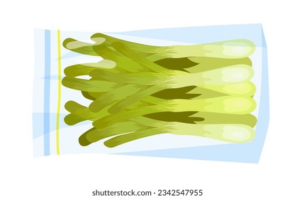 Leek in plastic bag with zip lock vector illustration. Cartoon isolated transparent pack full of frozen or cold fresh summer vegetable for storage in freezer, supermarket package for preservation