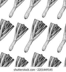 Leek seamless pattern. Hand drawn background. Vector illustration. Hand drawing sketch illustration.  Leek vegetable hand drawn backdrop. 