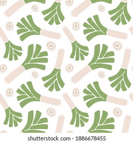 Leek seamless pattern. Leeks whole and chopped on white background. Vector shabby hand drawn illustration
