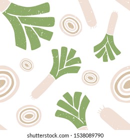 Leek seamless pattern. Leek and lobules on white background. Vector shabby hand drawn illustration