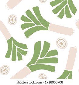 Leek seamless pattern. Leek and lobules on white background. Vector shabby hand drawn illustration