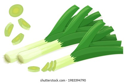 Leek set in flat cartoon style. Single whole and group vegetables with cuts. Flying leeks cuts. Farm fresh products. Organic healthy food. Vector illustrations collection isolated on white background.