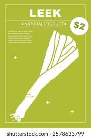 Leek. Set of posters of vegetables in a abstract draw design. Label or poster, price tag. Simple, flat design. Patterns and backgrounds. Perfect for poster, cover, banner.