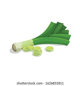 Leek with slices in cartoon style. Healthy food. Farm fresh veggie just from the garden. Organic eco vegetable for salads. Vector illustration isolated on white background.