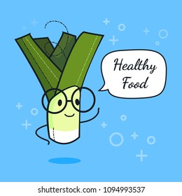Leek with speech bubble. Balloon sticker. Cool vegetable. Vector illustration. Leek clever nerd character. Healthy food concept. Smart vegan diet poster