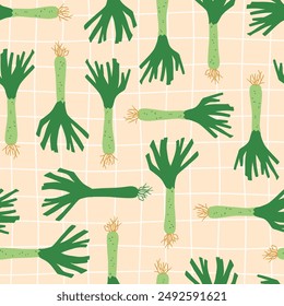 Leek spring onion seamless pattern texture vegetarian healthy food fresh vegetable illustration veggies decorative unique wallpaper backdrop background supermarket 