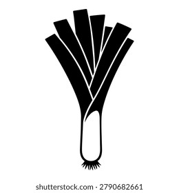 Leek vegetable black silhouette icon with leafy stalks, root detail and bold shape, isolated on white background for stickers, labels, packaging, grocery menus and healthy food designs.