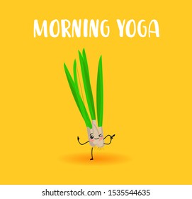 Leek. Vegetable Yoga. Character with eyes and hands.