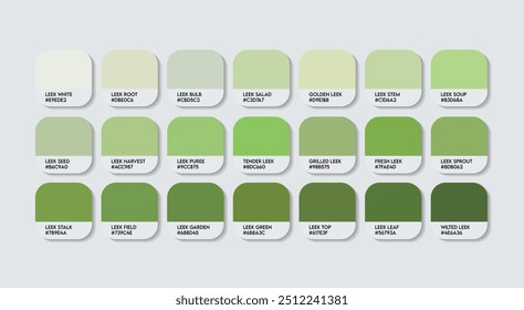 Paleta de cores Leeks, paleta de guias de cores verde Leeks com nomes de cores. Catálogo Amostras de cores verdes com códigos RGB HEX. plástico, pintura, cor verde natural, moda tendência Leeks cor tons de sombra