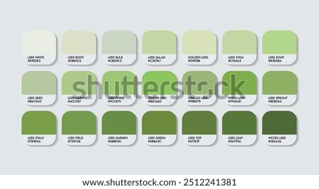 Leeks Color Palette, Leeks Green Color Guide Palette with Color Names. Catalog Samples of Green colors with RGB HEX codes. plastic, paint, natural Green colour, Fashion Trend Leeks Color shade tones