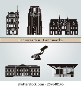Leeuwarden landmarks and monuments isolated on blue background in editable vector file