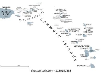 Leeward Islands, gray political map. Part of Lesser Antilles, north of Windward Islands in the Caribbean. Virgin Islands, Anguilla, St Kitts and Nevis, Antigua and Barbuda, Montserrat, and Guadeloupe.