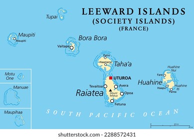Leeward Islands, political map. Western part of the Society Islands in French Polynesia, an overseas collectivity of France in the South Pacific. Uturoa, on the largest island Raiatea, is the capital.