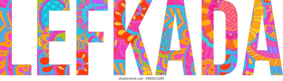 Lefkada island text title with floral doodle pattern. Unique place name vector design, use for article header, merch print, travel blog, postcard, wall art print  	