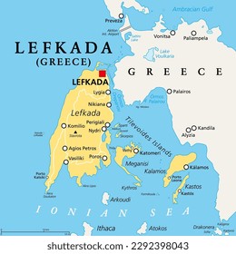 Lefkada, regional unit, political map. Part of the Ionian Islands in Greece, also known as Lefkas, Leukas or Leucadia. With Tilevoides Islands Meganisi, Kalamos, Kastos, Skorpios and smaller islets.