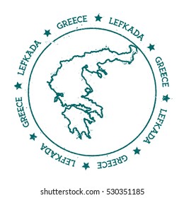 Lefkada vector map. Retro vintage insignia with island map. Distressed travel stamp with Lefkada text wrapped around a circle and stars. Lefkada map vector illustration.