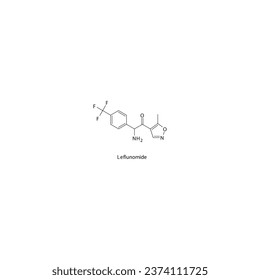 Leflunomide flat skeletal molecular structure Pyrimidine analog drug used in Rheumatoid arthritis, psoriatic arthritis treatment. Vector illustration.