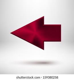 Left abstract arrow sign with maroon (dark red) metal texture (silver, chrome, steel), realistic shadow and light background for web sites, user interfaces (UI), applications (apps) and presentations.